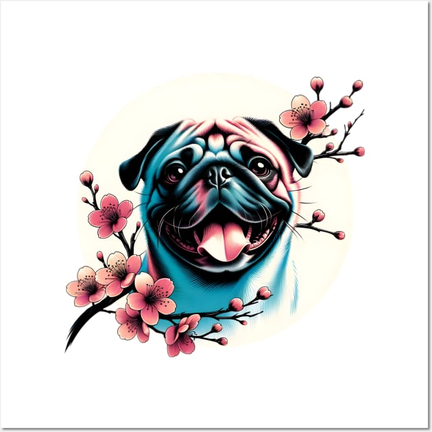 Pug Enjoys Spring Amid Cherry Blossoms and Flowers Wall Art by ArtRUs